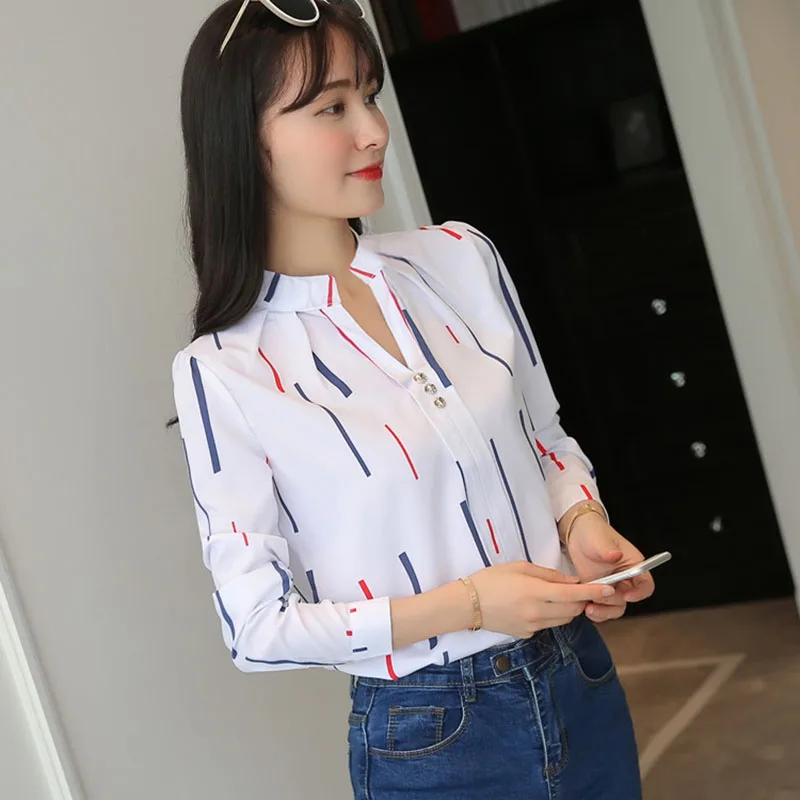 Xpqbb Autumn New White Shirt for Women Fashion Stripe Print Long Sleeve Office Lady Blouses Casual Loose Stand-up Collar Blusas