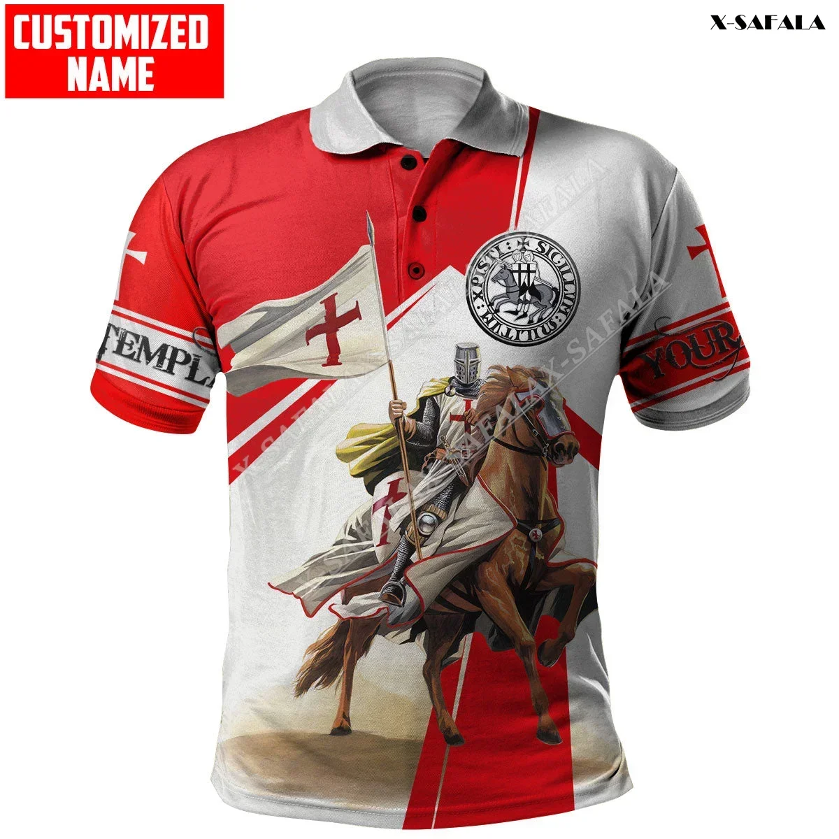 Animal Horse Knights Templar on horseback Red Custom 3D Print Polo Shirt Men Collar Short Sleeve StreetWear Summer Clothing