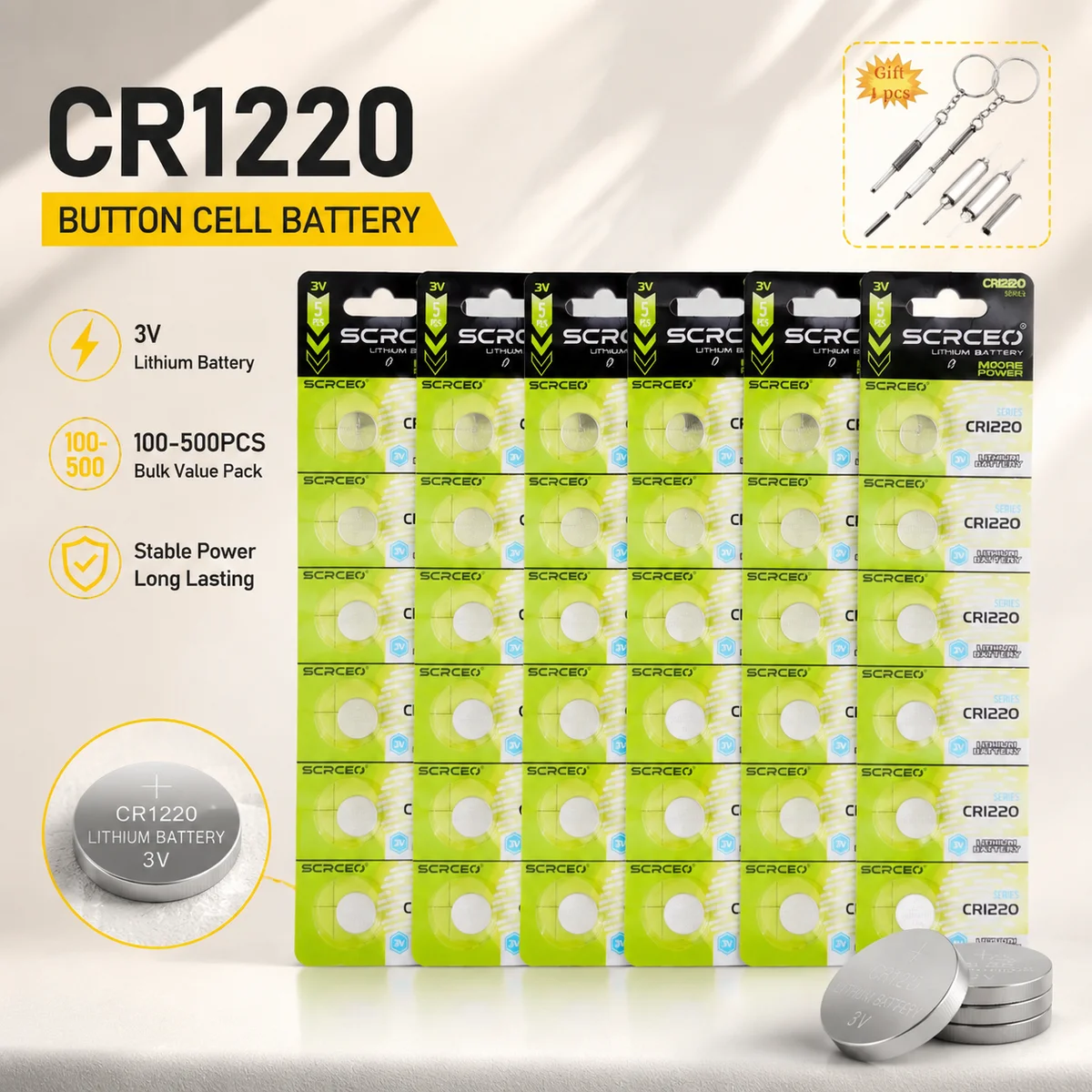 3V CR1220 Lithium Coin Cell Battery 100PCS for Watch Toy Remote Control, Button Cell BR1220 DL1220 LM1220 L04