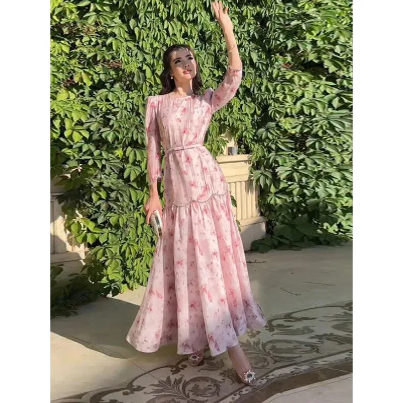 꽃 프린트 쉬폰 여성 드레스 3/4 오-넥 로맨틱 프렌치 비치 롱 드레스 여름 휴가 레이디 비치웨어