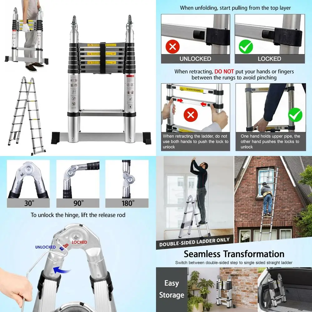 

Aluminum Telescoping Extension Ladder 16.5FT 330lb Heavy Duty Foldable A-Frame Portable 2-in-1 Ladder with Support Bar for Outdo