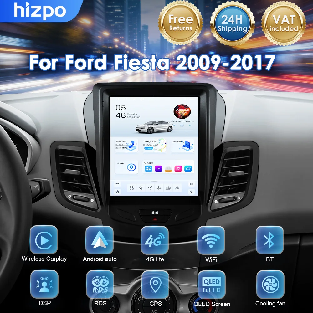 Autoradio Hizpo Wireless Android Auto Carplay per Ford Fiesta 2009-2016, Unità Principale Multimediale GPS con Navigazione Video Stile Tesla 9.7 Pollici RDS SWC