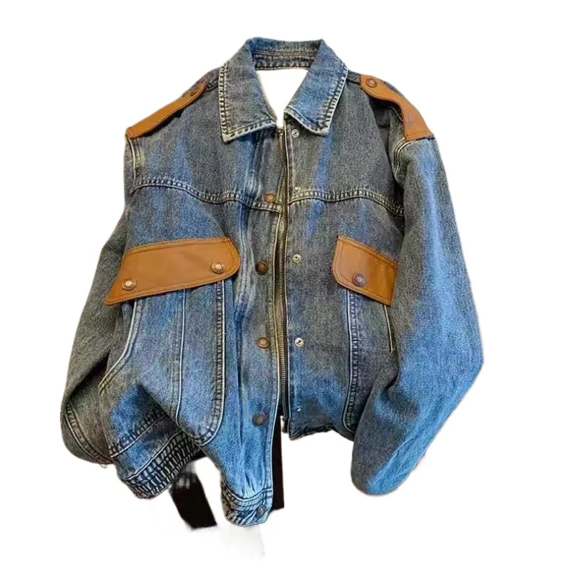 New Spring  Autumn Style To Do Old Fashion Brand Jacket Loose Design Sense of Top American Vintage Splicing Denim lovers Coat