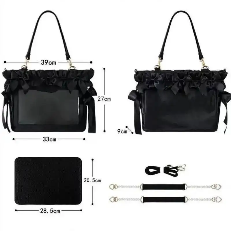 Ruched Ribbon Cute Y2K Ita Bag Bows Lolita Girl Shoulder Bag High Capacity Preppy Style Handbag Transparent Harajuku Bag Women