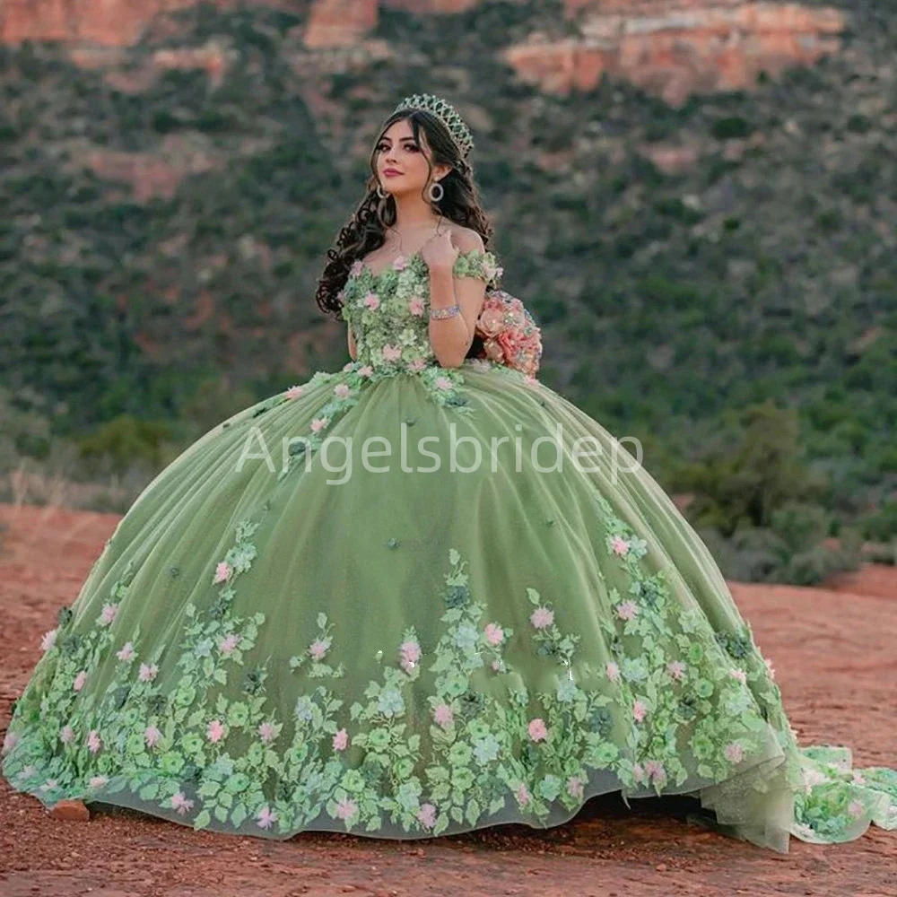 Angelsbridep 2025 abito da ballo verde salvia abiti Quinceanera con fiori 3D Appliques abiti da ballo Vestidos Princess Party Gown