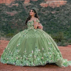 Angelsbridep 2025 Sage Green Ball Gown Quinceanera Dresses With 3D Flowers Appliques Ball Gowns Vestidos Princess Party Gown