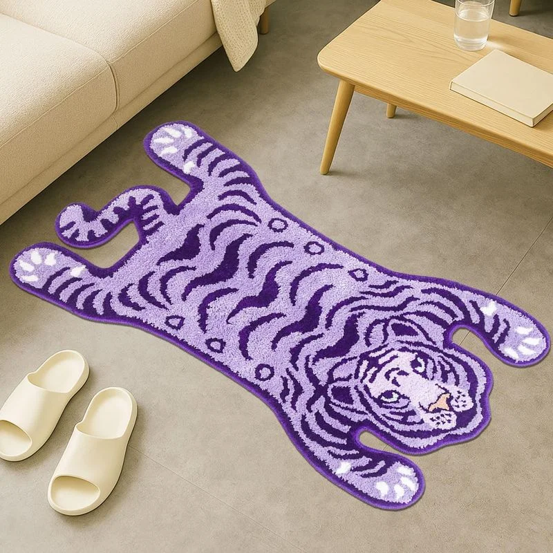 VIKAMA Purple Tiger Shaped Rug Fluffy Irregular Animal Floor Mat Cute Leopard Stripe Carpet For Bedroom Living Room Home Decor