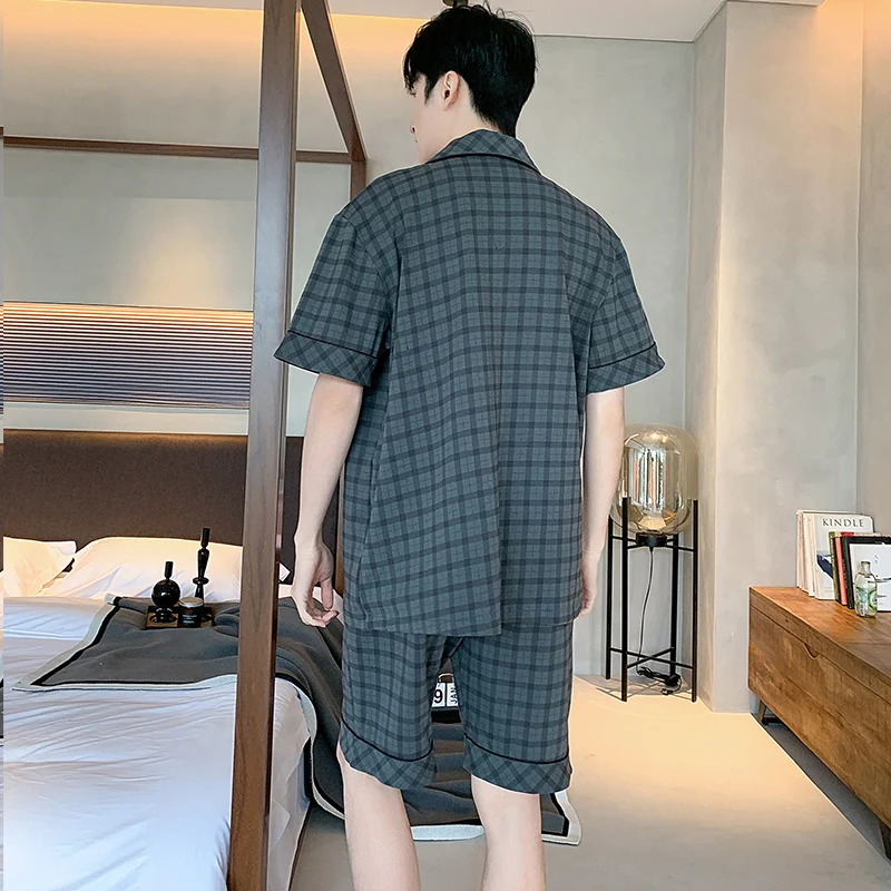 High Quality Summer Men Pajamas Set Turn-down Collar Short Sleeve Sleepwear M-4XL Male Nightwear