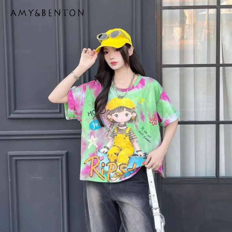 

European Style 2026 Summer New Tie-dye Colorful Girls Short-sleeved T-shirt Women's Loose Fashion Design Top Y2k Clothes Tshirt