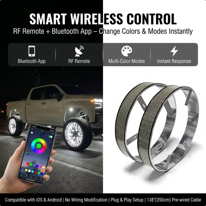 Car Rim Lights 17inch 9936 LEDs Bluetooth App RF Remote 350CM Cable Plug And Play US Stock Wheel Ring Kit