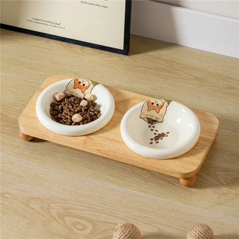 

Ceramic Pet Bowls Dish with Wood Stand No Spill Pet Ceramic Double Bowls for Dog Cat Food Water Feeder Cats Small Dogs Pet Bowl