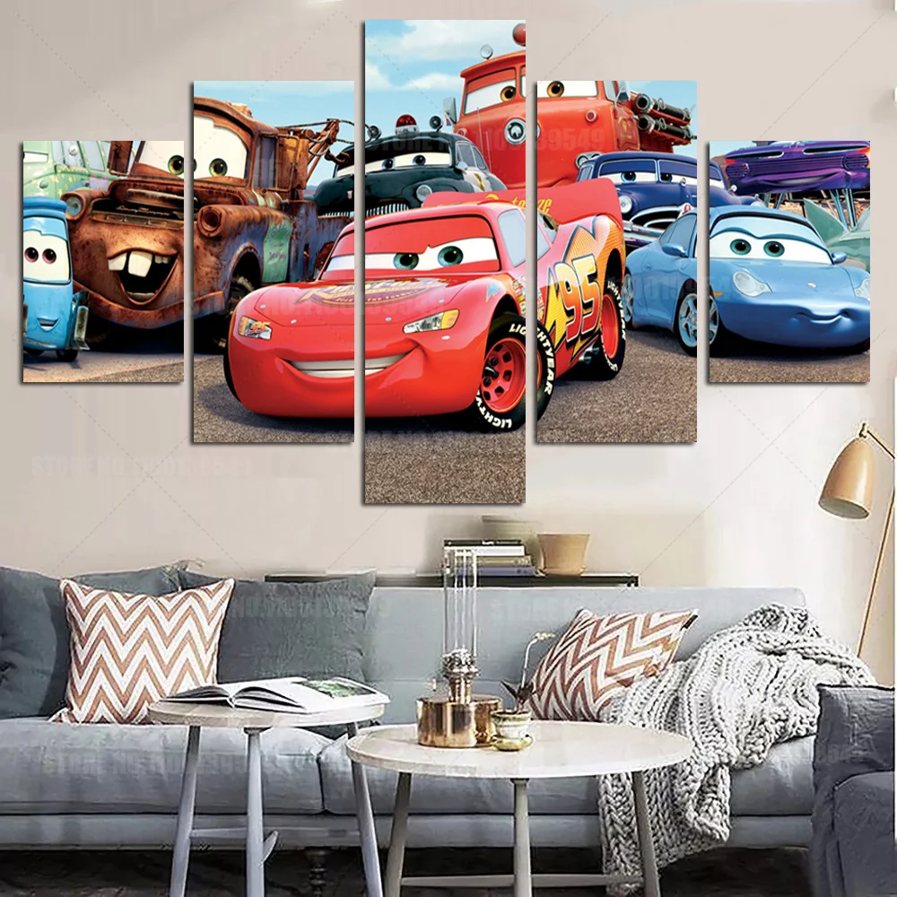 

5 Piece Cars Cartoon Painting HD Movie Poster Lightning McQueen Mater Sally Wall Picture For Children Room Decor Framed Artwork