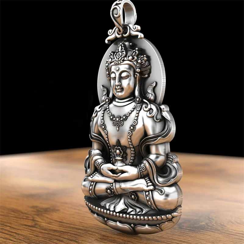 Exquisite Carving Relief Lotus Throne Avalokitesvara Pendant For Men Jewelry Vintage Buddha Amulet Necklace Male Jewelry