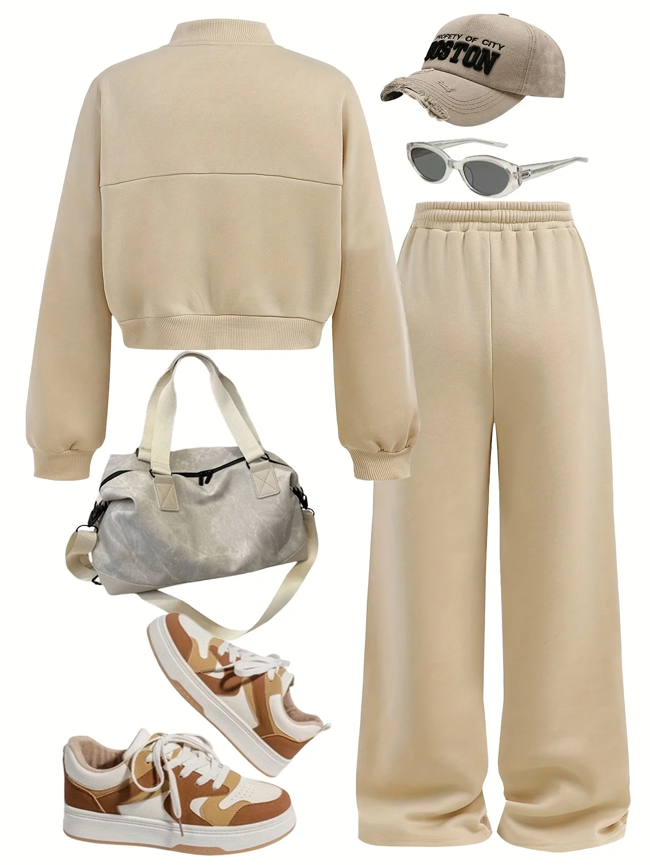 New Autumn and Winter Casual Jacket for Teenage Girls, Knitted Solid Color Stand-Collar Long-Sleeve Sweatshirt and Drawstring Waist Wide-Leg Pants Sports Set, Girls' Solid Color Jacket and Wide-Leg Pants Set