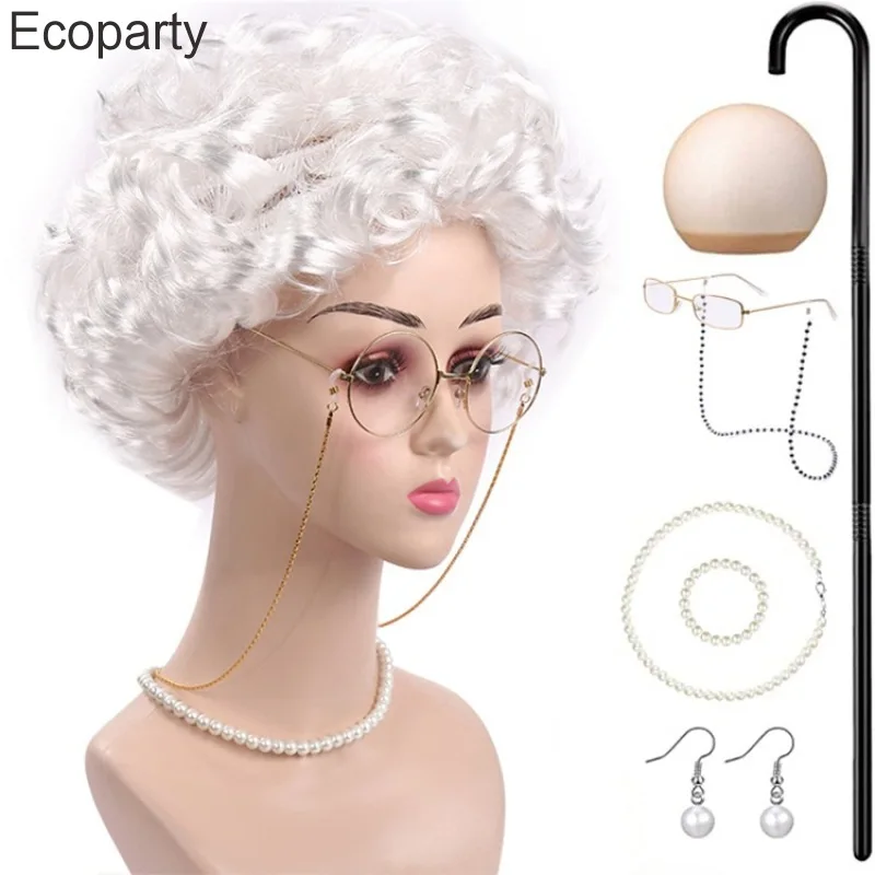 

8 Pcs Set Grandma Old Lady Dress Up Granny Costume Wig Adult Kid Halloween Masquerade Cosplay Party Witch Cosplay Accessory Suit