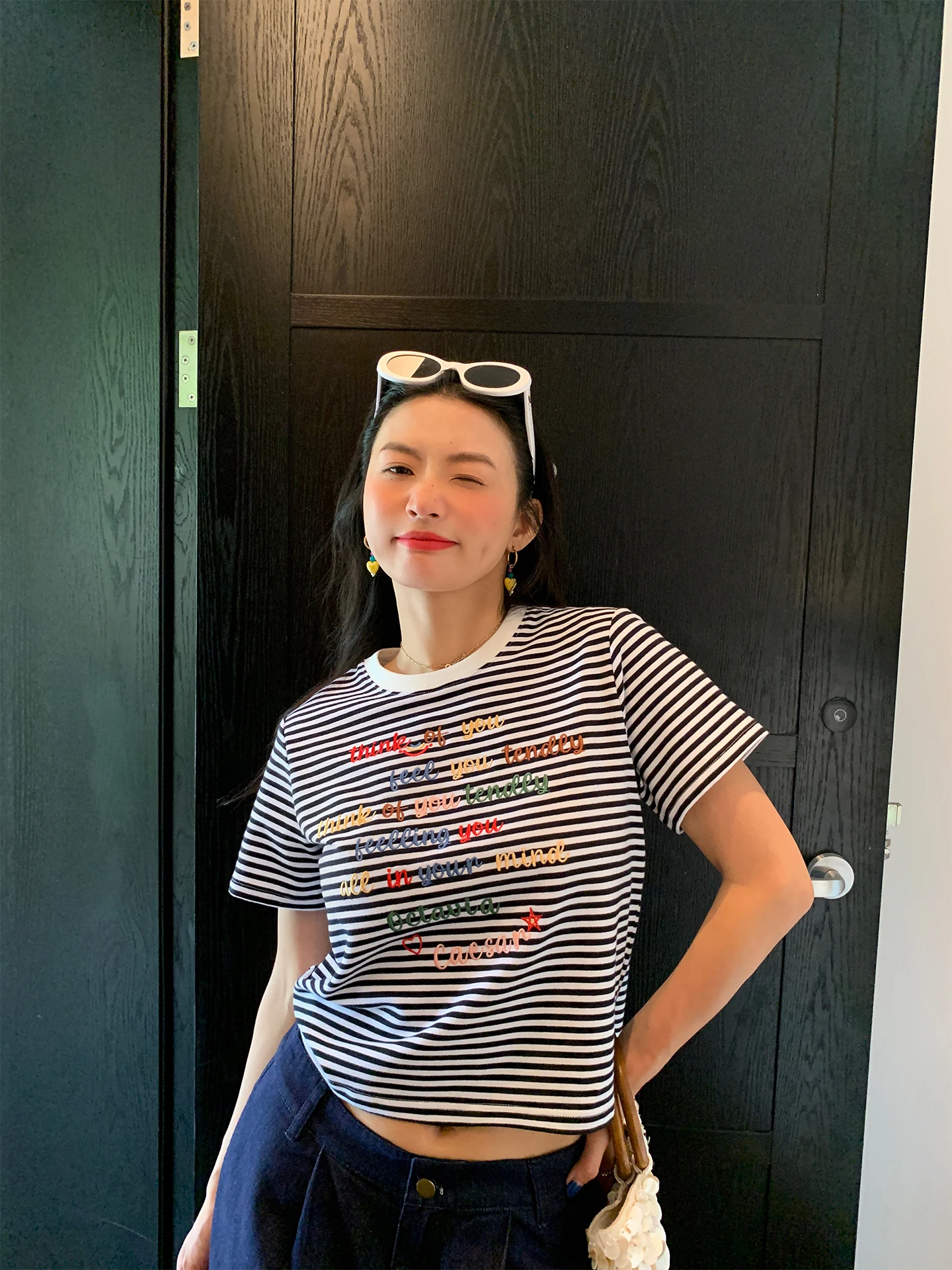 

ort Sve Women's T-irt Striped Letter Print Korean Sle Cotton Blend Summer Design Sensation Regular Fit Straight Cut