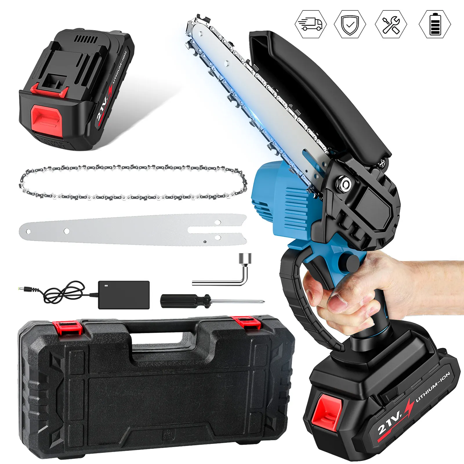 Scie à chaîne sans balais de 6/8 pouces, mini scie à chaîne portative, scie électrique pour le travail du bois, outil électrique pour batterie 21V