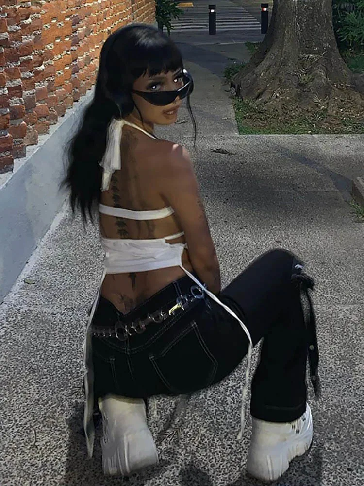 Y2K Sexy Backless Summer Crop Top Women Hollow Out 2025 White Sleeveless Bandage Halter Tank Tops Streetwear Cami 90s