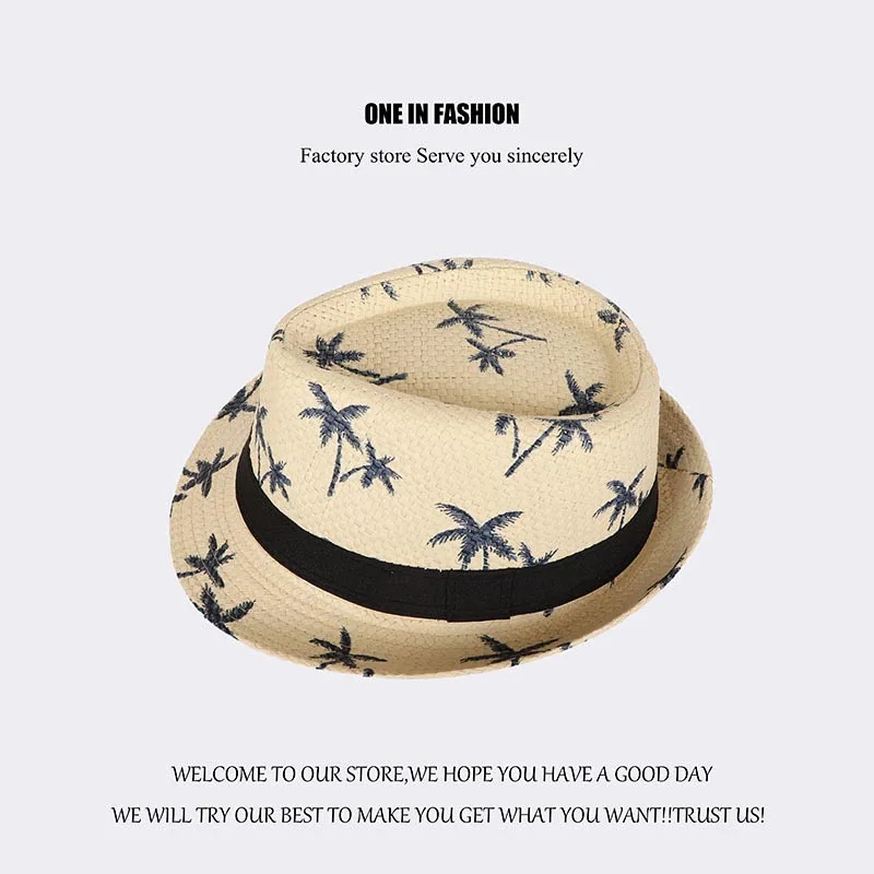 Linen Woven Jazz Straw Hat Men And Women Models Coconut Tree Pattern Sun Hat Summer Beach Travel Sunscreen Ribbon Hat