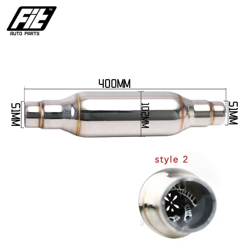 Silenciador de escapamento universal para carro, aço inoxidável, prata, 51mm, silenciador reto, ressonador, som silencioso