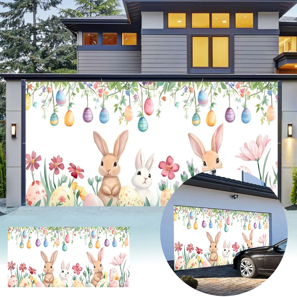 

Пасхальный баннер-накладка на гаражные ворота с акварельным рисунком: весенние цветы, яйца, милый кролик. Декор для вечеринки в честь Пасхи. Большой размер.