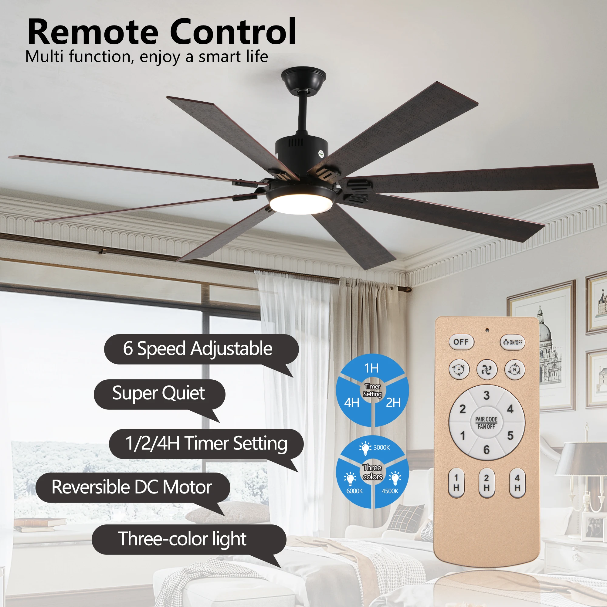 Walnut LED Ceiling Fan Light with 8 Wooden Blades, Remote Control, Dimmable & Adjustable Color Temperature