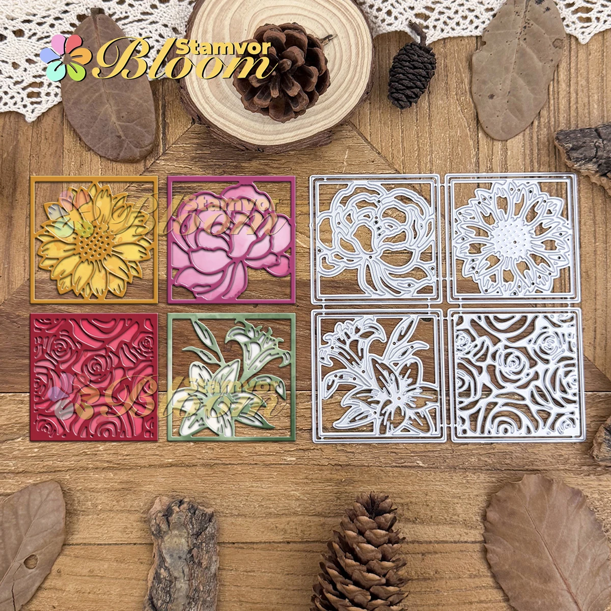Original schöne Blumen quadratische Rahmen Pfingstrose Sonnenblume Lilie Rosen Metall Stanzformen Scrapbooking dekorative Prägung