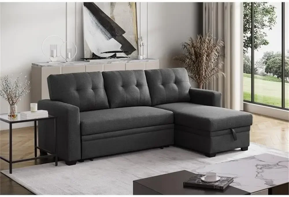 L-Shaped Polyester Fabric Reversible, Easy Convertible Pull-Out Sleeper Sectional Sofa/Storage Chaise with Tufted Back Cushions