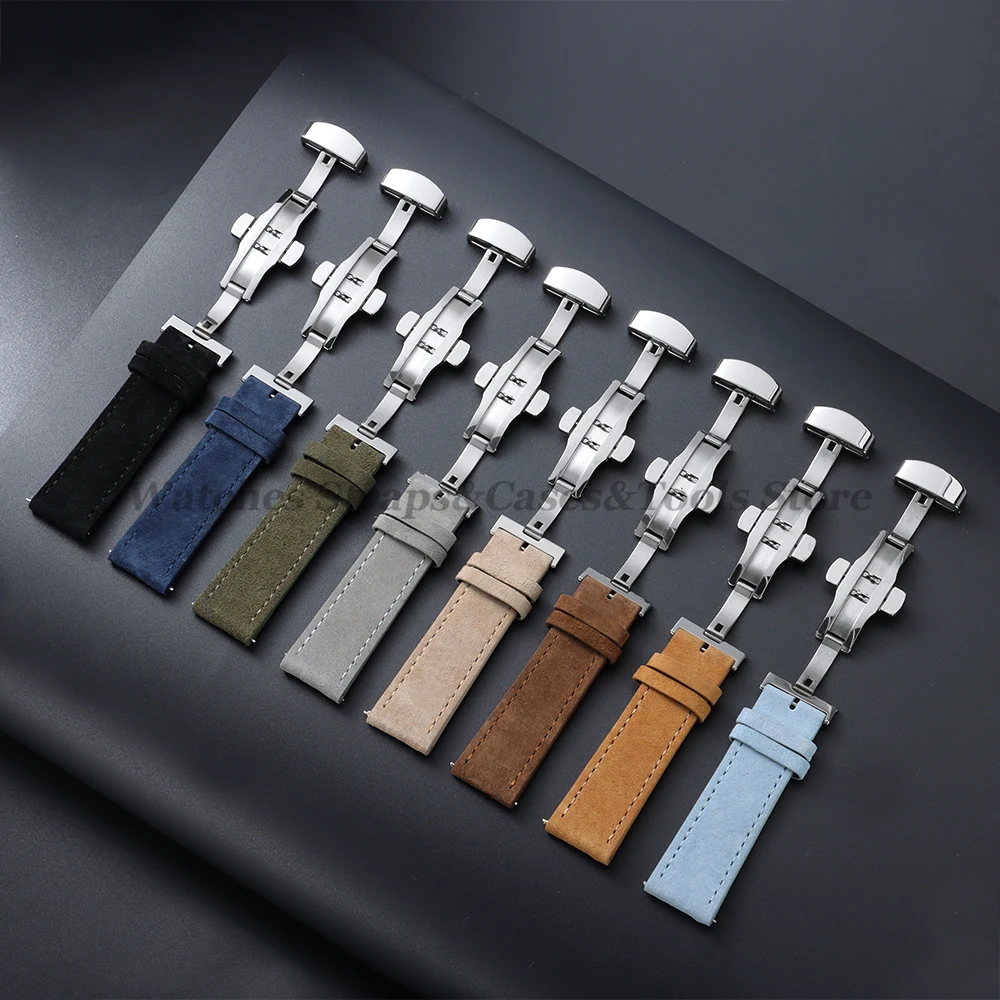 18mm 19mm 20mm 22mm Vintage Suede Cowhide Watch Strap Handmade Watchband Gray Brown Green Butterfly Buckle Bracelet for MenWomen