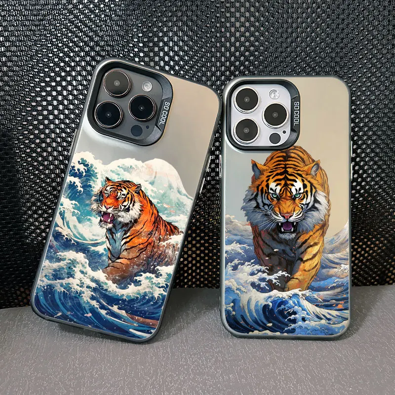 Ukiyo-e Ocean Waves Tiger Creative For iPhone Case 13 Mini 12 11 Pro Max 16 15 14 Pro Max Plus Shockproof Laser Phone Back Cover