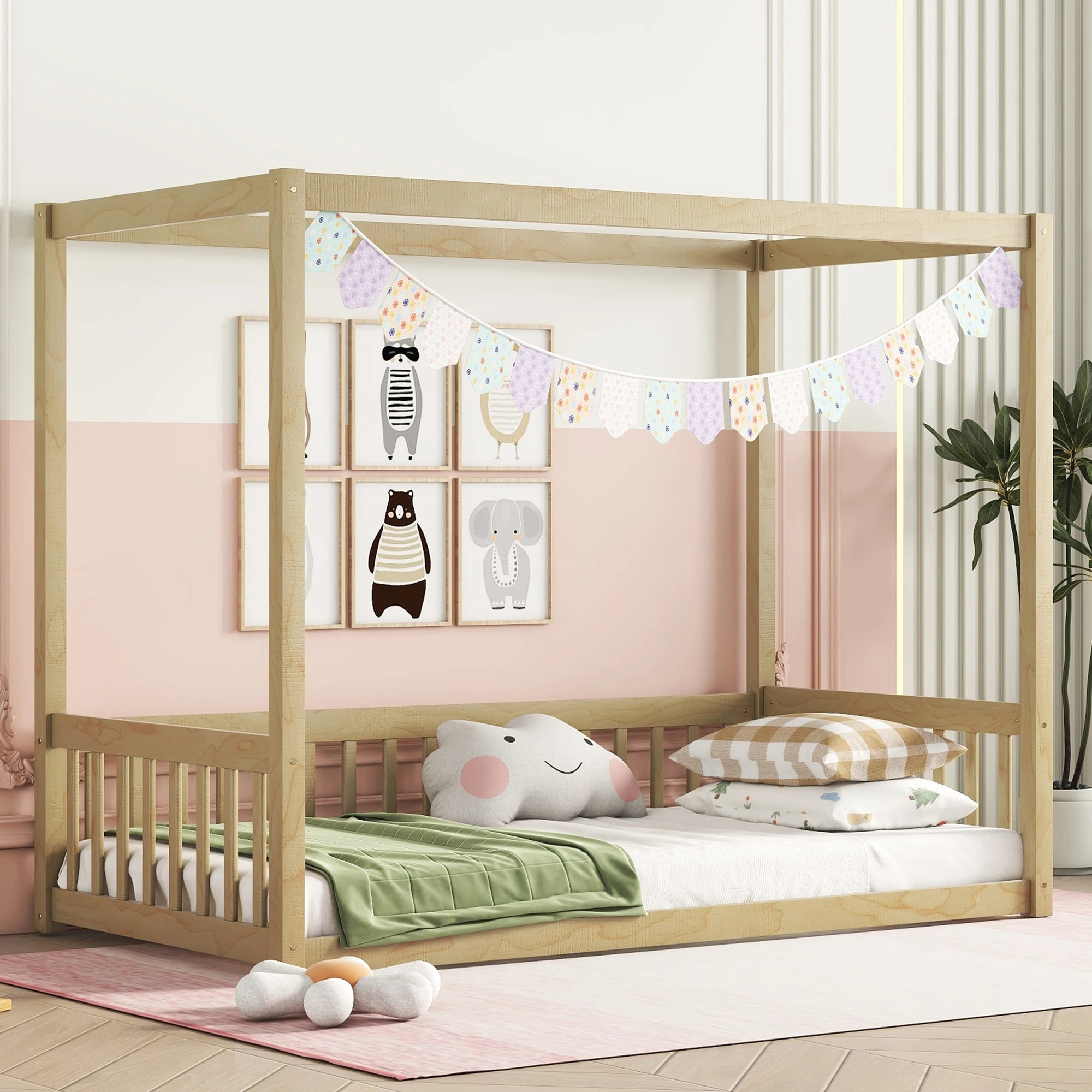 

Twin Size Canopy Frame Floor Bed with Fence, Guardrails, Natural 78.20x41.80x58.30 in.