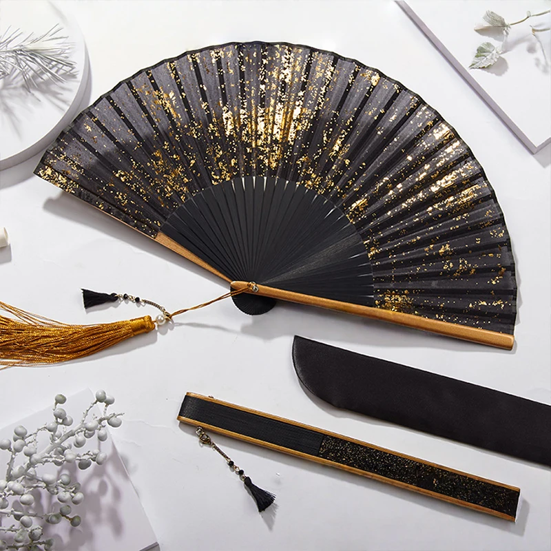 1pc Shining Chinese Style Folding Fan Retro Hanfu Cheongsam Dance Tassels Decor Fan Cosplay Photo Props Wedding Craft Fan Gift