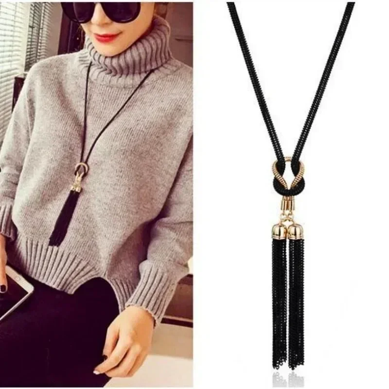 Women Vintage Fashion Geometric Wood Vintage Tassel Long Sweater Chain Necklace Jewelry Accessories Long Necklace Creative Gifts