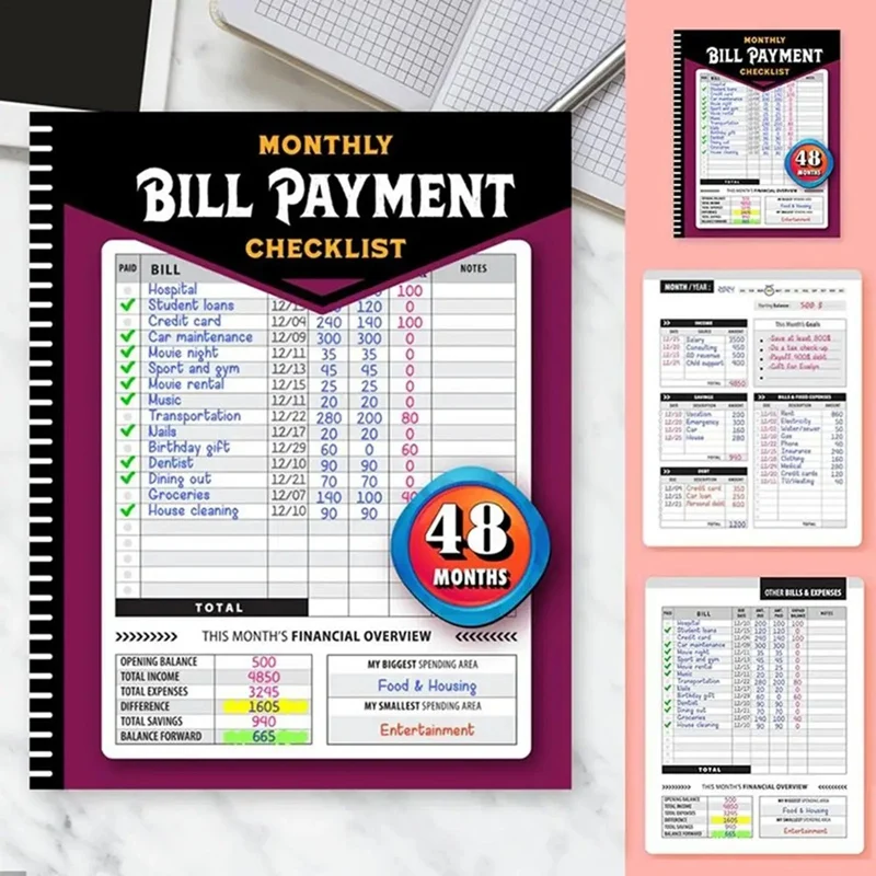 NEW-Bill Tracker Notebook Monthly Financial Budgeting Management Book For Family Expense Tracker 4-Year Guide Payment Easy