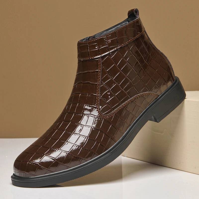 

Мужская обувь, высокие осенние кожаные повседневные туфли с крокодиловым принтом, зимние плюшевые уличные зимние ботинки «Челси», мужская обувь