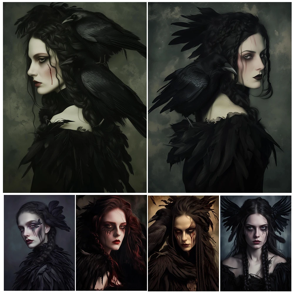 Beautiful Crow Witch Shaman,Vintage Wall Art, Canvas Painting, Victorian Gothic Witch Portrait, Art Poster And Print, Home Decor