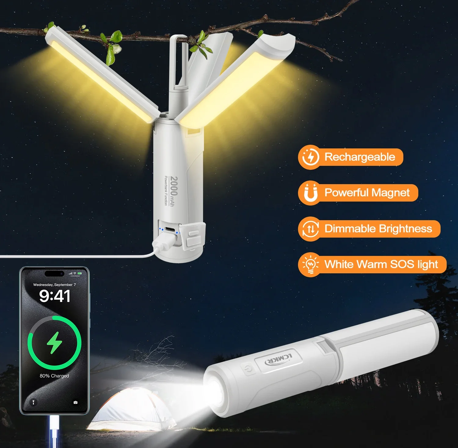 Luz de camping plegable LED regulable Linterna de camping recargable por USB con 90 °   Linterna plegable ajustable IPX4 Luz portátil