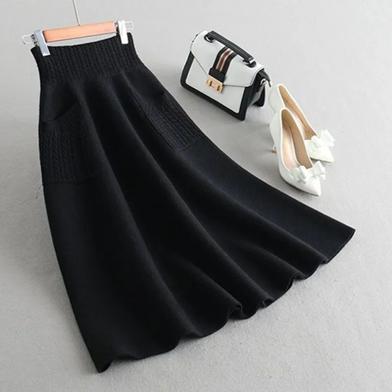 

MEXZT Wool Knitted Pleated Midi Skirts Women Solid High Waist A Line Skirt Autumn Winter Korean Elegant Pocket Slim Casual Skirt