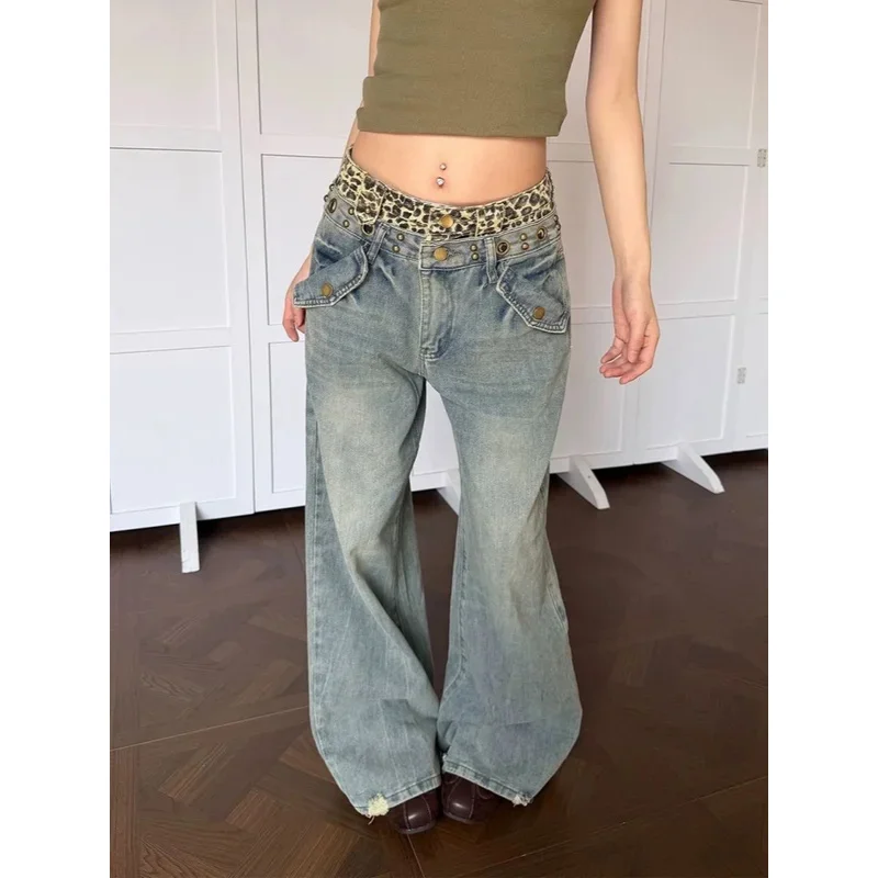Vintage Splice Leopard Y2K Jeans Women Casual High Waist Rivet Baggy Wide Leg Denim Pants American Retro Streetwear Trousers