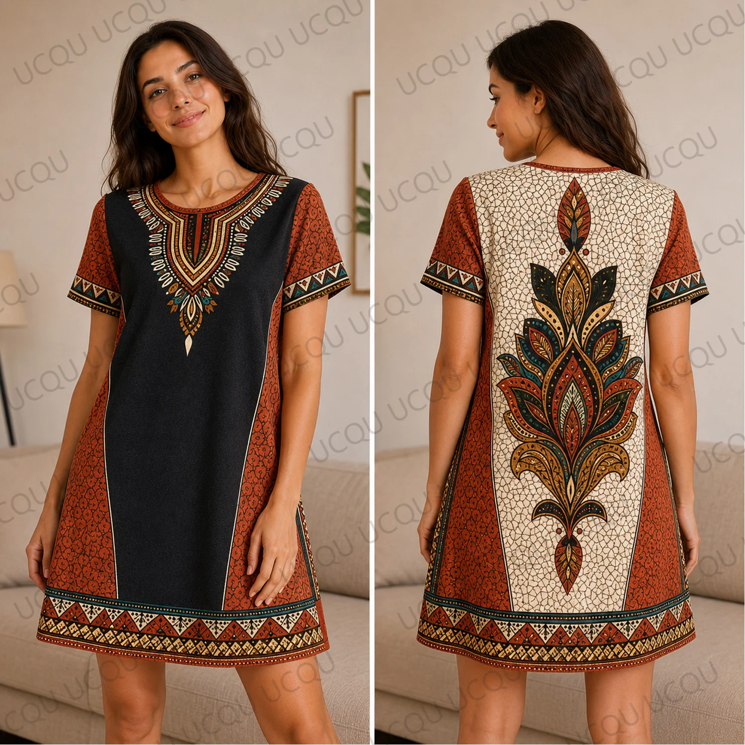 Women Boho Tribal Print Dress Aztec Geometric Pattern Short Sleeve Casual Summer Mini Dress Vintage Ethnic Style
