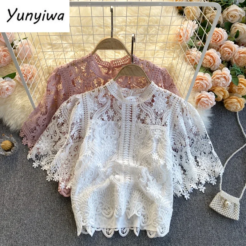 Korean Woman Clothes Blusas Mujer De Moda Fashion Shirts Hollow Out Floral Blouses Women Lace Laides Cropped Tops