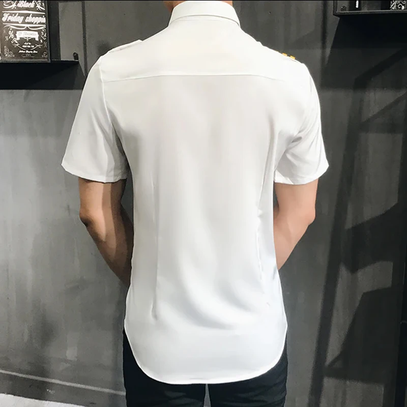 Men White Pilot Uniform Shirt Short Sleeve Slim Fit Lightweight Summer Aviation Dress Shirt Men Captain Office Cosplay Clothes