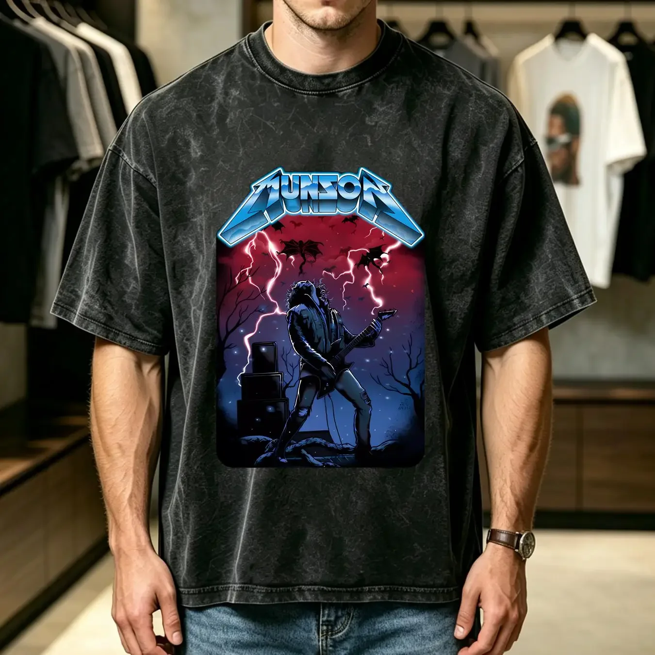washed T Shirt Eddie Play Guitar Stranger for ST4 Fans MunSon vintage Washed Slightly Versatile graphic fashion streetwear