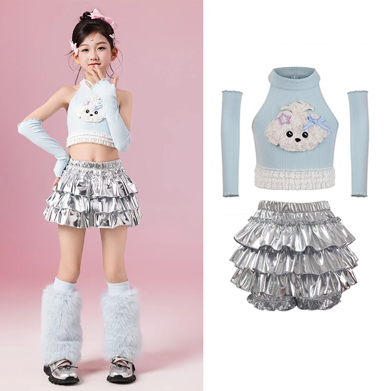 

Детская модная одежда для джазовых танцев для девочек, топы с пупком Kpop, серебряная юбка, сценический костюм для подиума, костюм для выступлений в стиле хип-хоп BL16068