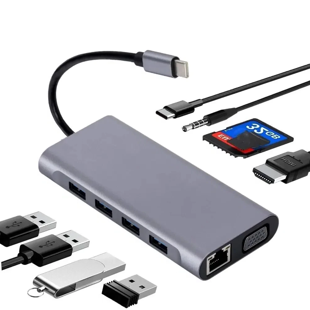 B-M USB para hdtv Tipo-c Docking Station VGA + PD Rj45 Prata Cinza Usb-c 11 em 1 Conector RJ45 DP Modo Alt