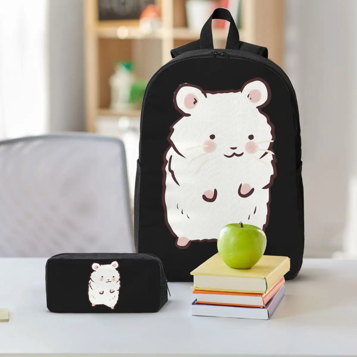Cute Hamster Drawing Backpack Student BookBag School Bag Shoulder Bags 3ps Insulated Lunch Bag Pencil Case