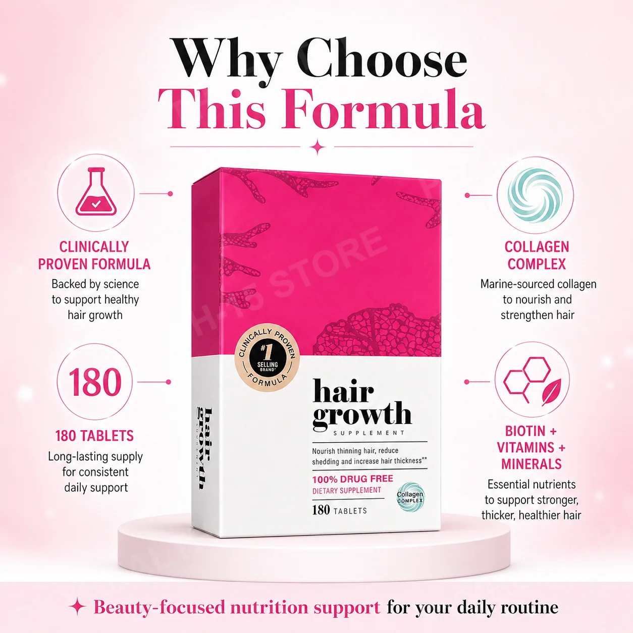 Hair Support Supplements for Women, Thicker Fuller-Looking Hair Beauty Support, with Biotin and Marine Collagen, 180 Tablets