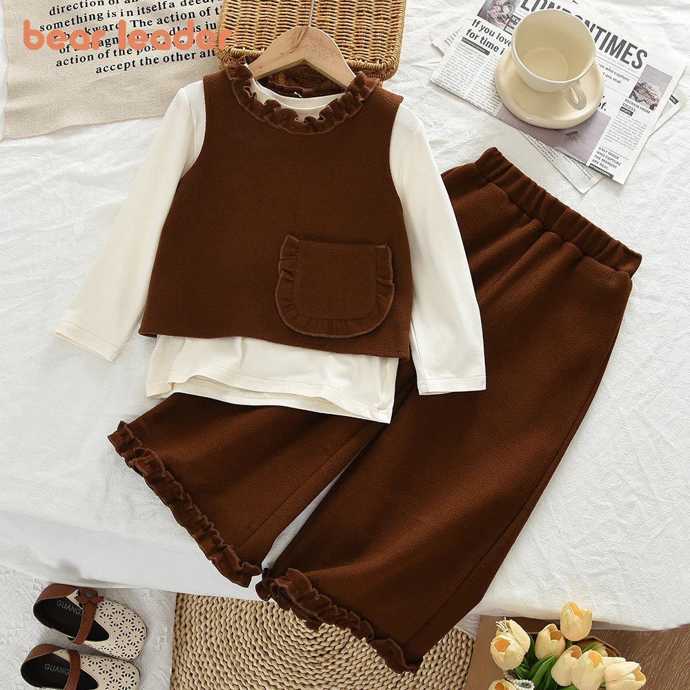 Bear Leader Autumn Fashion New Children's Three Piece Set Spring Korean Version Gray Girls Clothes Long Sleeved Top+Vest+Pants