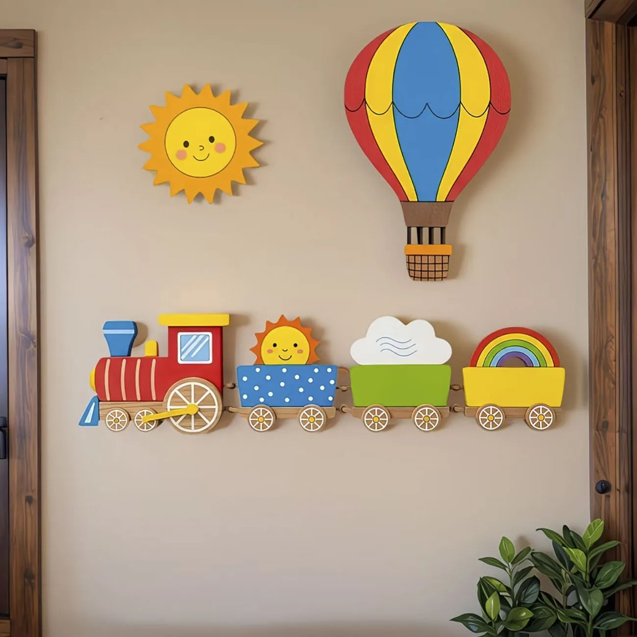 6Pcs Wooden Kids Wall Decor Set, Train & Hot Air Balloon Wall Art for Nursery view 5
