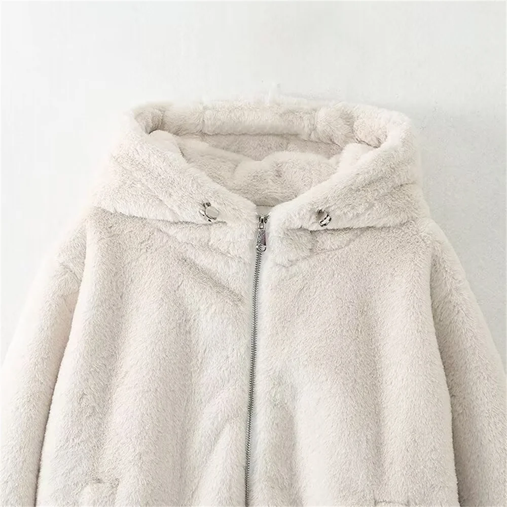 TRAF 2024 Autumn New Product Women\'s Temperament Slim fit Loose and Versatile Artificial Fur Effect Hooded Jacket Coat